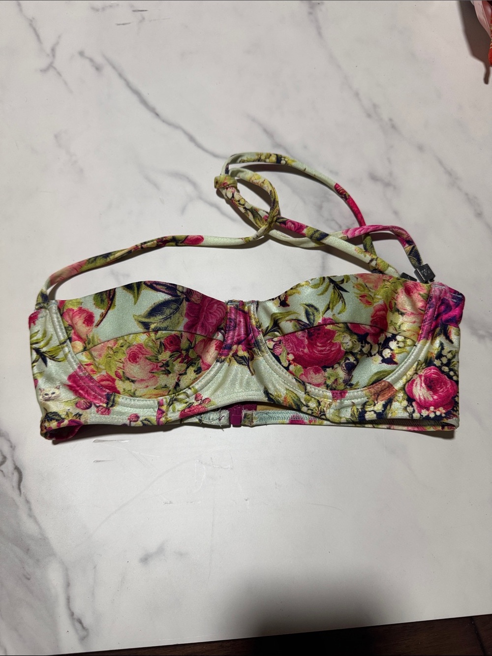 Floral Underwire Bandeau Bikini Top in Mint and Pink